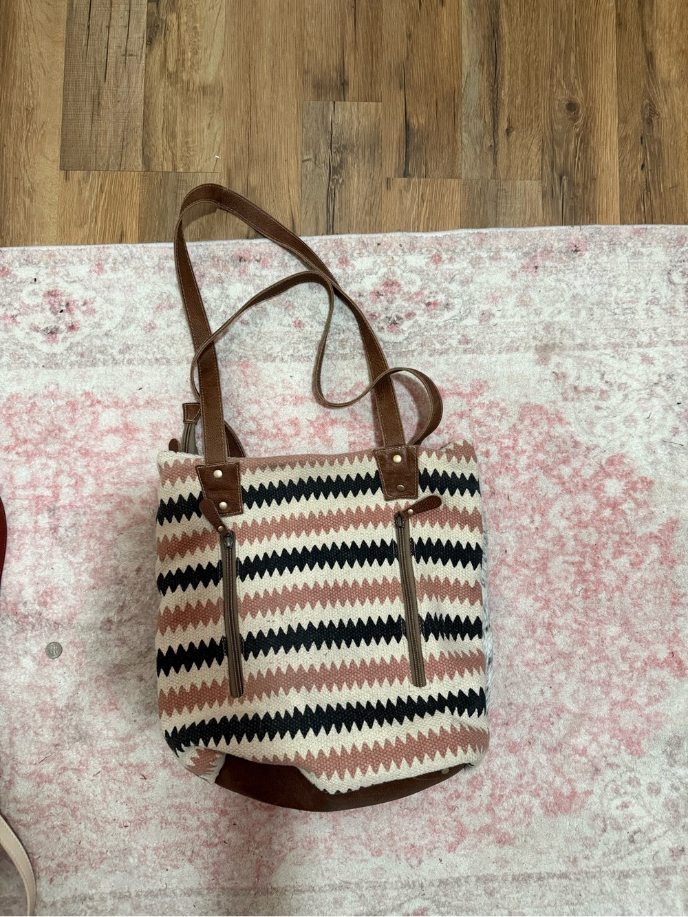 MYRA Leather-Trim Wool & Haircalf Tote Bag in Brown and Black - Picture 2 of 4